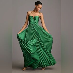 Monique Lhuillier Green Pleated Maxi Dress